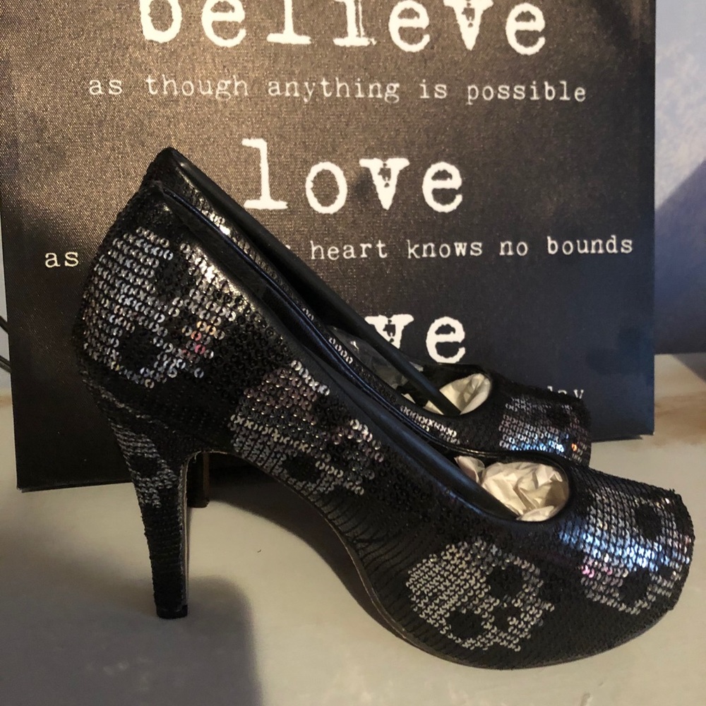 Iron Fist Black Sequin Skull Pumps